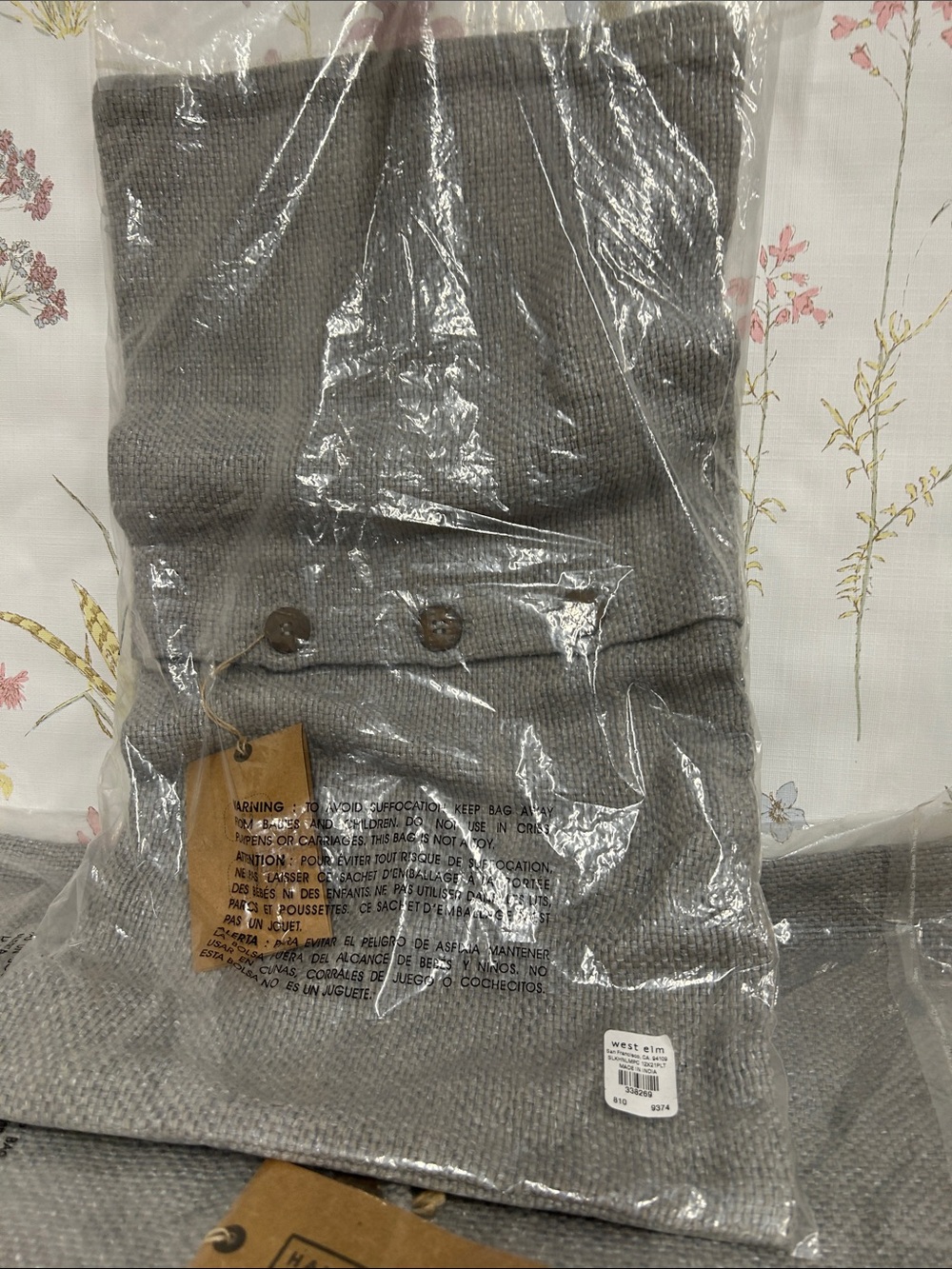 West Elm  Light Gray Knit Lumbar size pillow case with Button  Detail 12x20 -